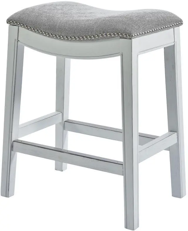 Main image of 31in. Bar-Height Backless Wood Narrow Saddle-Seat Barstool with Nailhead Trim, Farmhouse Whitewash with Gray Upholstered Seat, 1PC