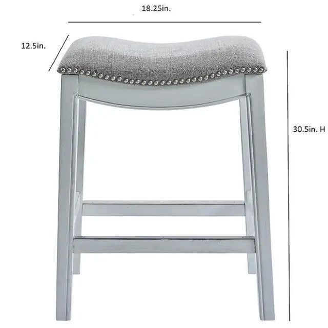 Alt view image 3 of 7 - 31in. Bar-Height Backless Wood Narrow Saddle-Seat Barstool with Nailhead Trim, Farmhouse Whitewash with Gray Upholstered Seat, 1PC