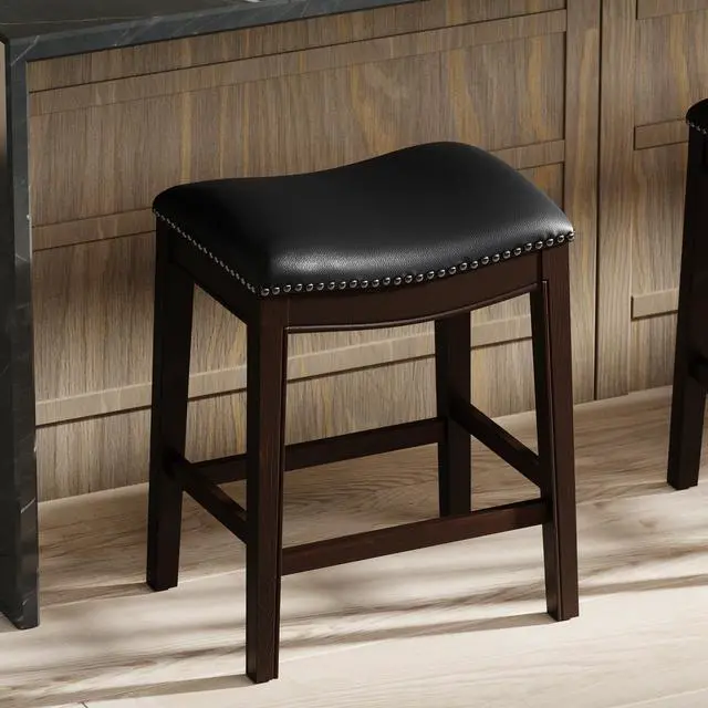 Alt view image 4 of 7 - 26in. H Counter-Height Wood Barstool with Black Faux-Leather Seat, 1PC