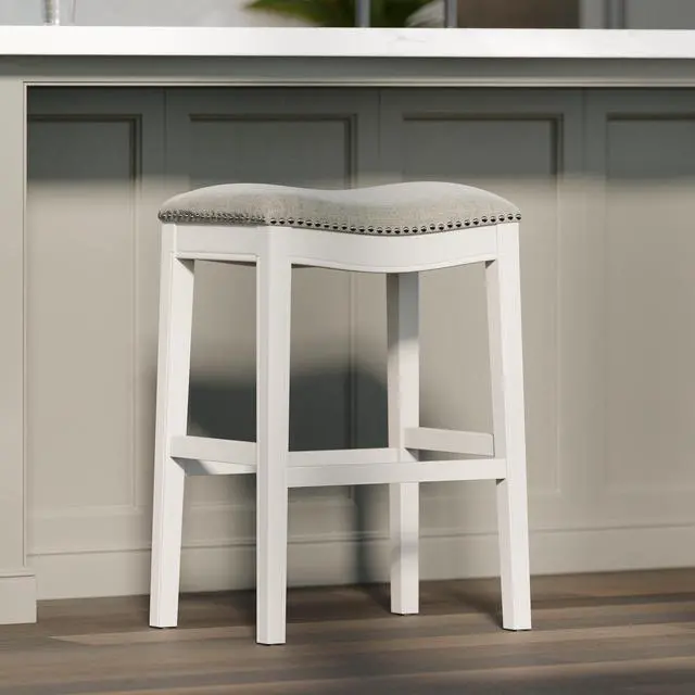 Alt view image 2 of 7 - 31in. Bar-Height Backless Wood Narrow Saddle-Seat Barstool with Nailhead Trim, Farmhouse Whitewash with Gray Upholstered Seat, 1PC