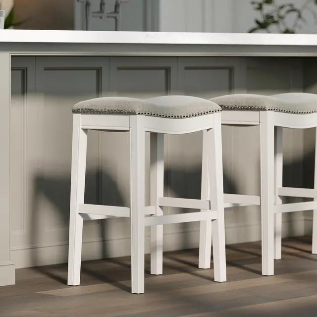 Alt view image 6 of 7 - 31in. Bar-Height Backless Wood Narrow Saddle-Seat Barstool with Nailhead Trim, Farmhouse Whitewash with Gray Upholstered Seat, 1PC