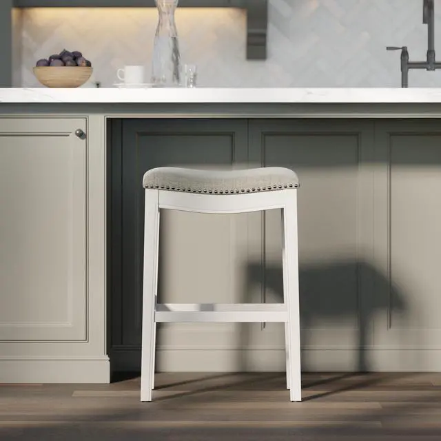 Alt view image 4 of 7 - 31in. Bar-Height Backless Wood Narrow Saddle-Seat Barstool with Nailhead Trim, Farmhouse Whitewash with Gray Upholstered Seat, 1PC