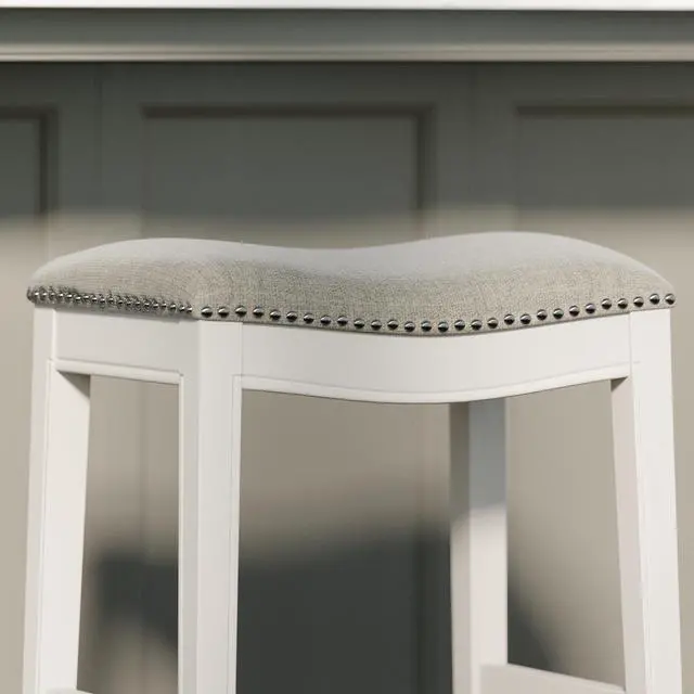 Alt view image 5 of 7 - 31in. Bar-Height Backless Wood Narrow Saddle-Seat Barstool with Nailhead Trim, Farmhouse Whitewash with Gray Upholstered Seat, 1PC