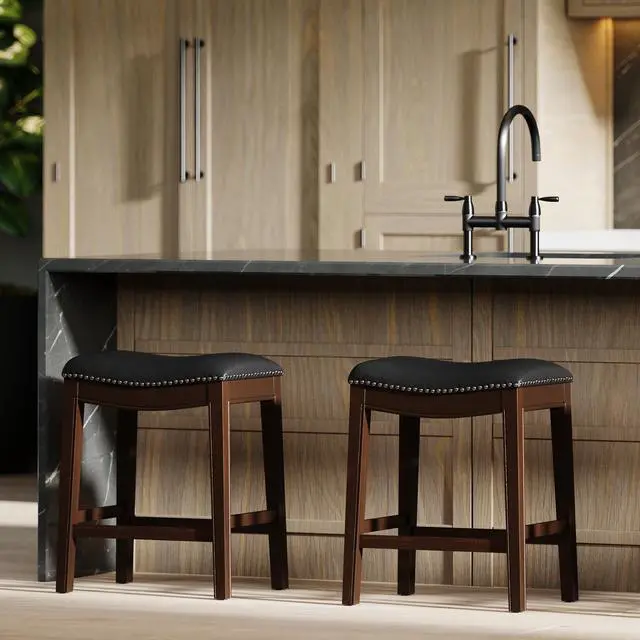 Alt view image 7 of 7 - 26in. H Counter-Height Wood Barstool with Black Faux-Leather Seat, 1PC