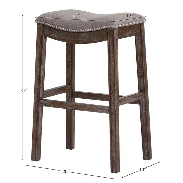Alt view image 3 of 7 - 31in. Saddle Distressed Espresso Wood Bar-Height Barstool with Smoke Gray Fabric, 1PC