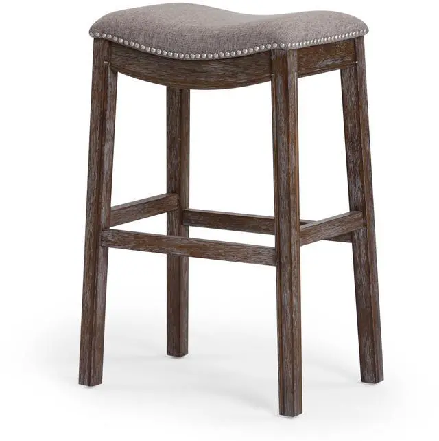 Main image of 31in. Saddle Distressed Espresso Wood Bar-Height Barstool with Smoke Gray Fabric, 1PC