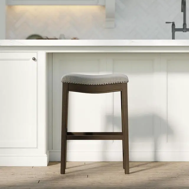 Alt view image 5 of 7 - 31in. Saddle Distressed Espresso Wood Bar-Height Barstool with Smoke Gray Fabric, 1PC