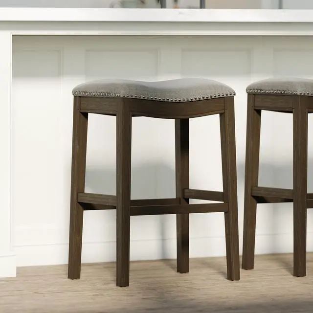Alt view image 6 of 7 - 31in. Saddle Distressed Espresso Wood Bar-Height Barstool with Smoke Gray Fabric, 1PC