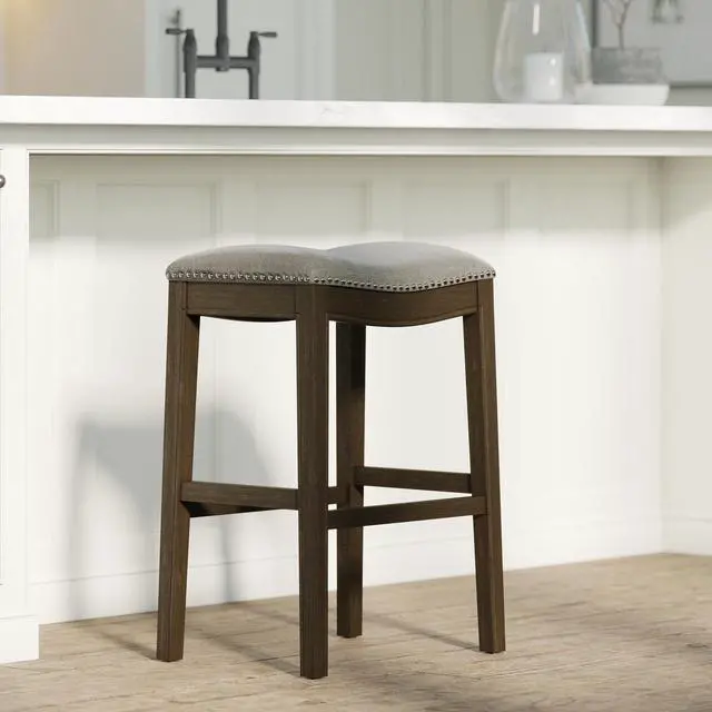 Alt view image 2 of 7 - 31in. Saddle Distressed Espresso Wood Bar-Height Barstool with Smoke Gray Fabric, 1PC