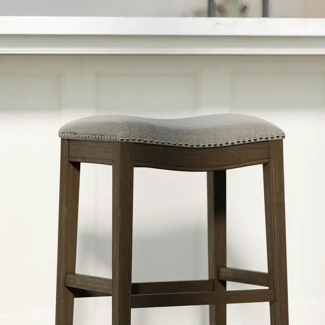 Alt view image 4 of 7 - 31in. Saddle Distressed Espresso Wood Bar-Height Barstool with Smoke Gray Fabric, 1PC