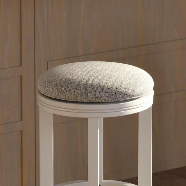 Alt view image 4 of 7 - 26in. Counter-Height Wood Backless Barstool with Upholstered Gray Swivel Seat, White Frame, 1PC