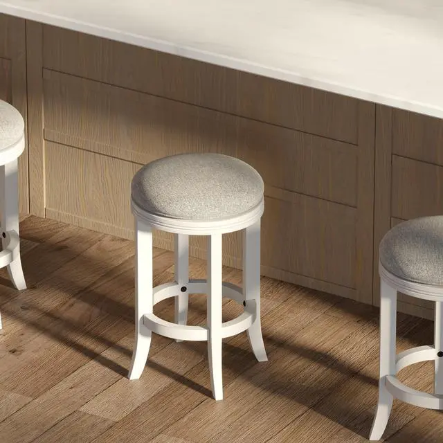 Alt view image 5 of 7 - 26in. Counter-Height Wood Backless Barstool with Upholstered Gray Swivel Seat, White Frame, 1PC