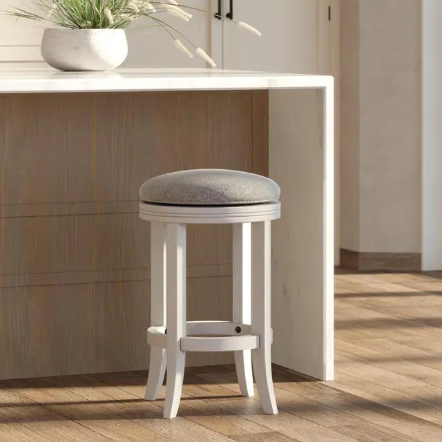 Alt view image 2 of 7 - 26in. Counter-Height Wood Backless Barstool with Upholstered Gray Swivel Seat, White Frame, 1PC