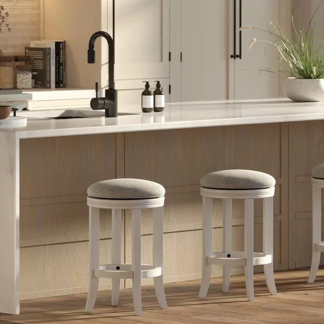 Alt view image 6 of 7 - 26in. Counter-Height Wood Backless Barstool with Upholstered Gray Swivel Seat, White Frame, 1PC
