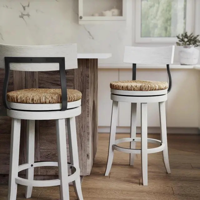 Alt view image 2 of 7 - 31" Wood Bar-Height Bar Stool with Natural Seagrass Seat, Reclaimed White, 1PC