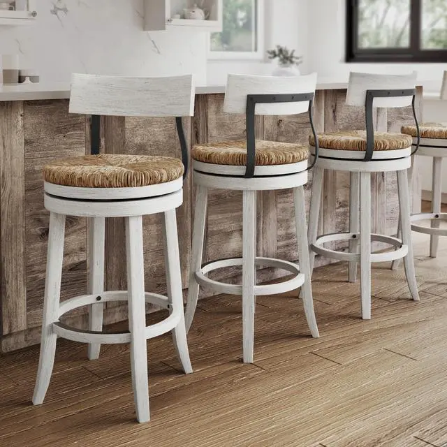 Alt view image 4 of 7 - 31" Wood Bar-Height Bar Stool with Natural Seagrass Seat, Reclaimed White, 1PC
