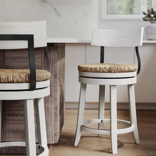 Alt view image 2 of 7 - 26" Wood Counter-Height Bar Stool with Natural Seagrass Seat, Reclaimed White, 1PC