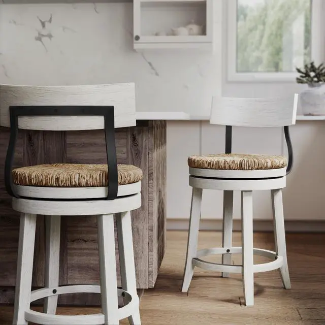 Alt view image 4 of 7 - 26" Wood Counter-Height Bar Stool with Natural Seagrass Seat, Reclaimed White, 1PC