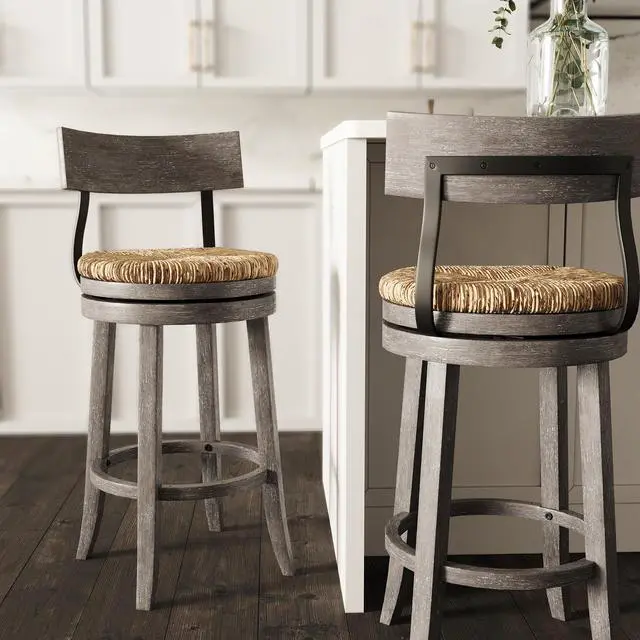 Alt view image 2 of 7 - 31" Wood Bar-Height Bar Stool with Natural Seagrass Seat, Reclaimed Gray, 1PC
