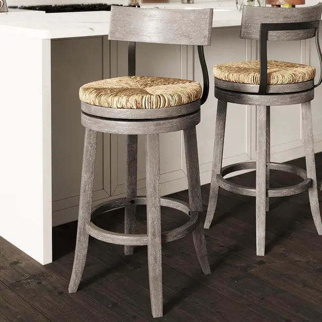 Alt view image 4 of 7 - 31" Wood Bar-Height Bar Stool with Natural Seagrass Seat, Reclaimed Gray, 1PC