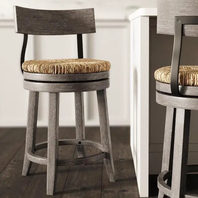 Alt view image 2 of 7 - 26" Wood Counter-Height Bar Stool with Natural Seagrass Seat, Reclaimed Gray, 1PC