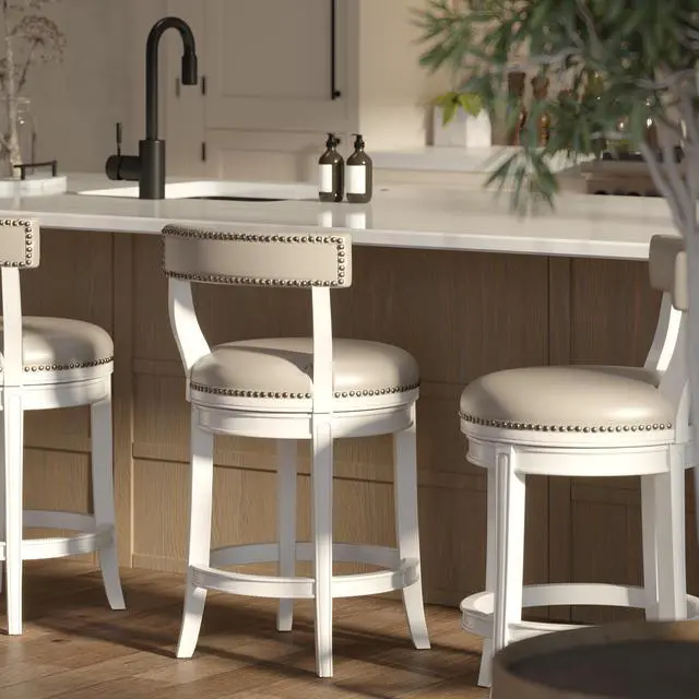 Alt view image 7 of 7 - 26" Counter-Height Bar Stool, White Wood with Gray Faux Leather Seat and Back, 1PC