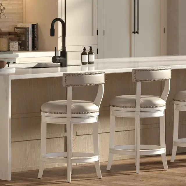 Alt view image 5 of 7 - 26" Counter-Height Bar Stool, White Wood with Gray Faux Leather Seat and Back, 1PC