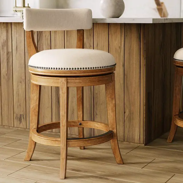 Alt view image 2 of 7 - 26" Counter-Height Bar Stool, Pecan Finish with Linen Fabric Seat and Back, 1PC