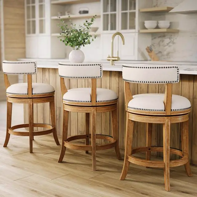 Alt view image 5 of 7 - 26" Counter-Height Bar Stool, Pecan Finish with Linen Fabric Seat and Back, 1PC