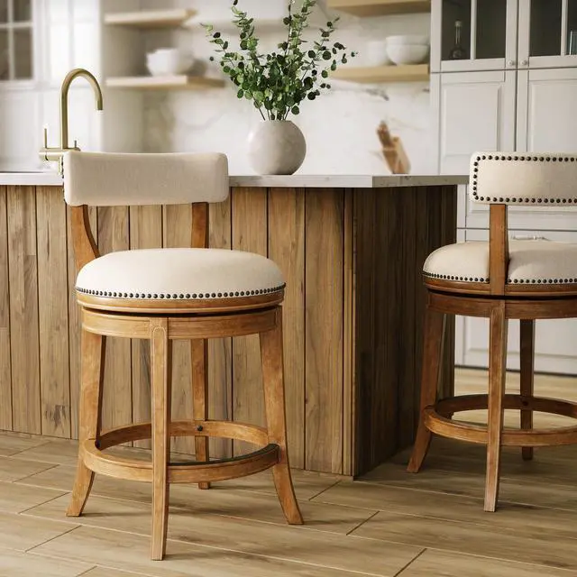 Alt view image 4 of 7 - 26" Counter-Height Bar Stool, Pecan Finish with Linen Fabric Seat and Back, 1PC