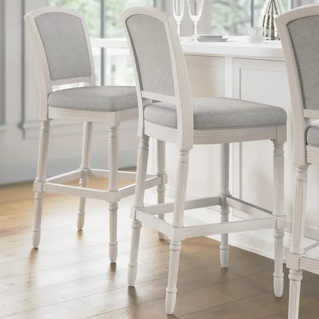 Alt view image 5 of 7 - 31" White Bar-Height Bar Stool with Gray Upholstered Seat and Back, 1PC