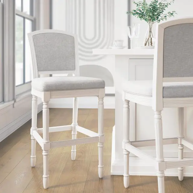 Alt view image 2 of 7 - 31" White Bar-Height Bar Stool with Gray Upholstered Seat and Back, 1PC