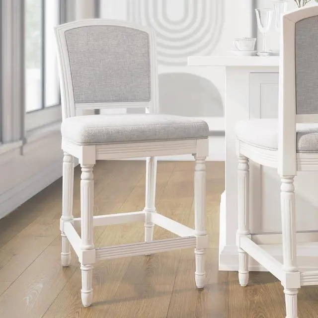 Alt view image 2 of 7 - 26" White Counter-Height Bar Stool with Gray Upholstered Seat and Back, 1PC