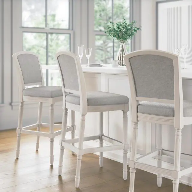 Alt view image 6 of 7 - 31" White Bar-Height Bar Stool with Gray Upholstered Seat and Back, 1PC