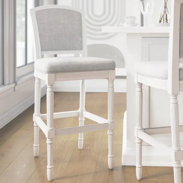 Alt view image 4 of 7 - 31" White Bar-Height Bar Stool with Gray Upholstered Seat and Back, 1PC