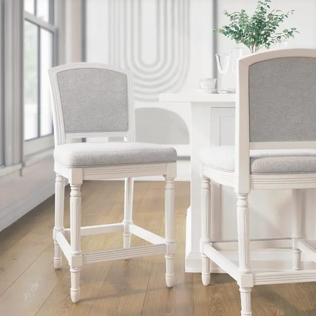 Alt view image 4 of 7 - 26" White Counter-Height Bar Stool with Gray Upholstered Seat and Back, 1PC