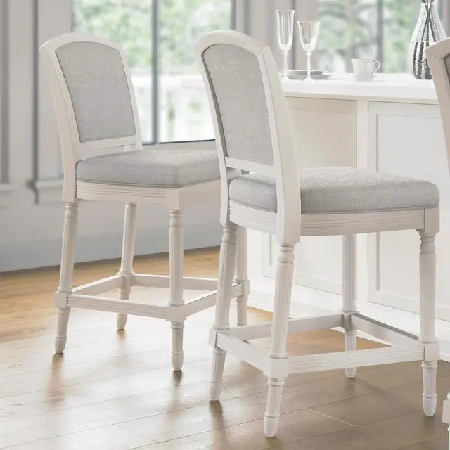 Alt view image 5 of 7 - 26" White Counter-Height Bar Stool with Gray Upholstered Seat and Back, 1PC