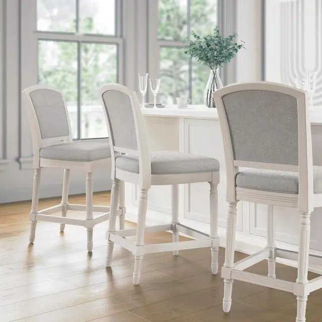 Alt view image 6 of 7 - 26" White Counter-Height Bar Stool with Gray Upholstered Seat and Back, 1PC