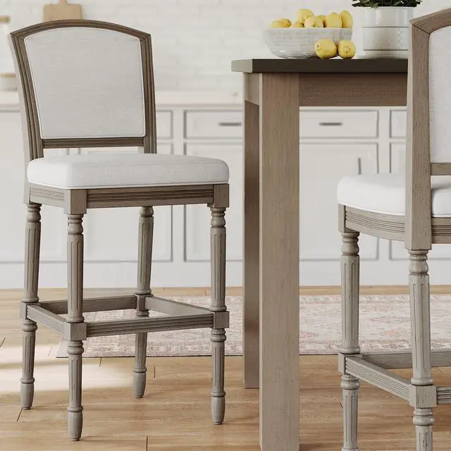 Alt view image 4 of 7 - 31" Weathered Gray Bar-Height Bar Stool with Gray Upholstered Seat and Back, 1PC