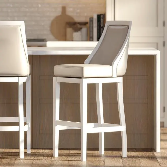 Alt view image 2 of 7 - Swivel 31"H Bar Stool with Tall Back, White with Gray Faux-Leather Seat, 1PC