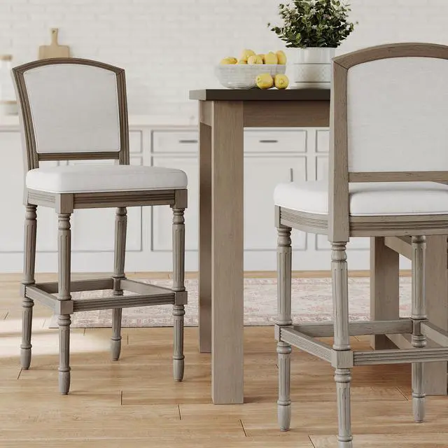 Alt view image 2 of 7 - 31" Weathered Gray Bar-Height Bar Stool with Gray Upholstered Seat and Back, 1PC