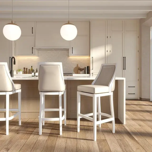 Alt view image 6 of 7 - Swivel 31"H Bar Stool with Tall Back, White with Gray Faux-Leather Seat, 1PC