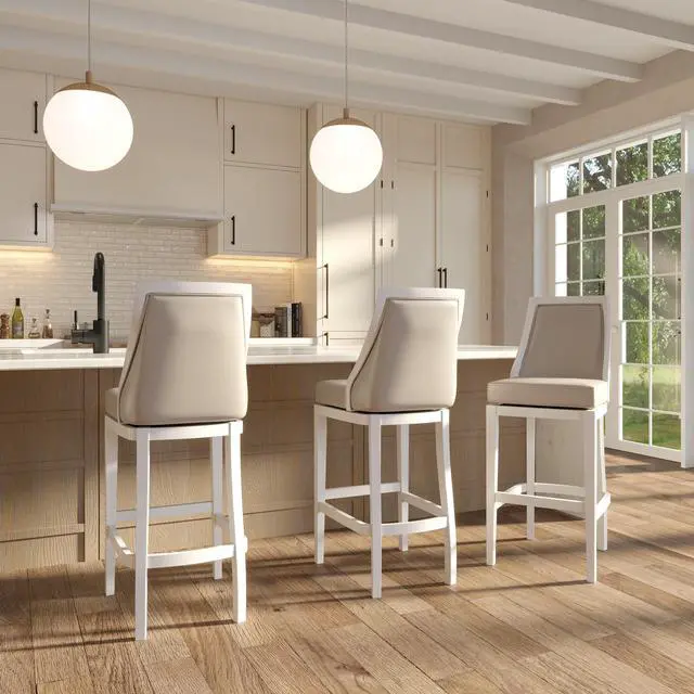 Alt view image 7 of 7 - Swivel 31"H Bar Stool with Tall Back, White with Gray Faux-Leather Seat, 1PC
