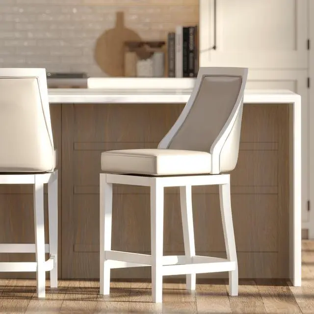 Alt view image 2 of 7 - Swivel 26"H Counter-Height Bar Stool with Tall Back, White with Gray Faux-Leather Seat, 1PC