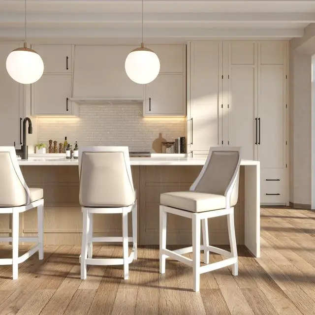Alt view image 7 of 7 - Swivel 26"H Counter-Height Bar Stool with Tall Back, White with Gray Faux-Leather Seat, 1PC