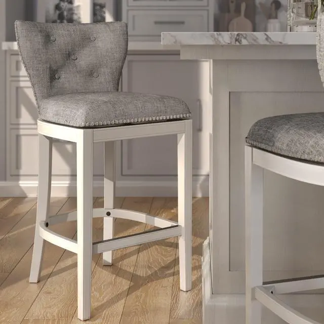 Alt view image 2 of 7 - 31" Upholstered Bar-Height Swivel Bar Stool with Back, White with Gray Upholstery, 1PC