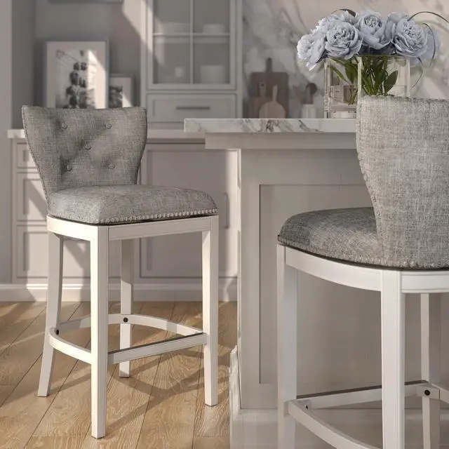 Alt view image 4 of 7 - 31" Upholstered Bar-Height Swivel Bar Stool with Back, White with Gray Upholstery, 1PC