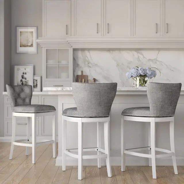 Alt view image 5 of 7 - 31" Upholstered Bar-Height Swivel Bar Stool with Back, White with Gray Upholstery, 1PC