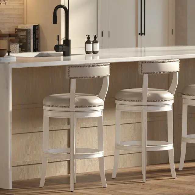 Alt view image 7 of 7 - 31" Bar Stool, White Wood with Gray Faux Leather Seat and Back, 1PC