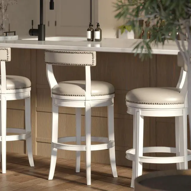 Alt view image 6 of 7 - 31" Bar Stool, White Wood with Gray Faux Leather Seat and Back, 1PC